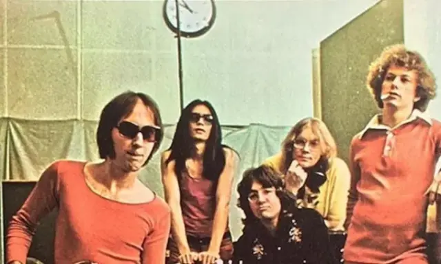 Cinq membres des Flamin' Groovies posent dans un studio. L'un d'eux porte des lunettes de soleil et un t-shirt orange.