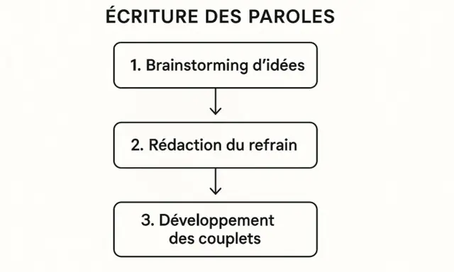 Schéma de l'écriture des paroles : brainstorming d'idées, rédaction du refrain, puis développement des couplets.
