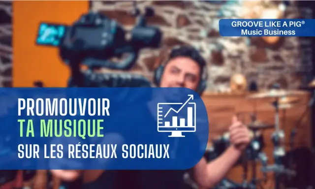 Un musicien utilise un appareil photo pour promouvoir sa musique sur les réseaux sociaux. L'image montre un écran avec un graphique de croissance.
