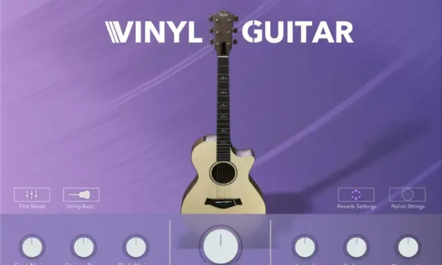 Interface d'un vst guitare gratuit "Vinyl Guitar" avec une guitare acoustique et des contrôles de son.