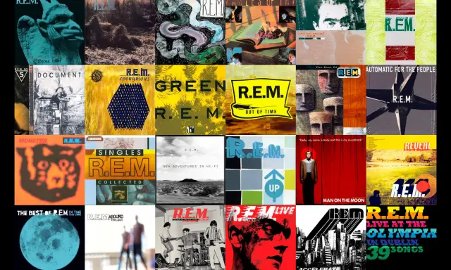 Une mosaïque d'albums de R.E.M., incluant "Out of Time", "Monster" et "Automatic for the People".