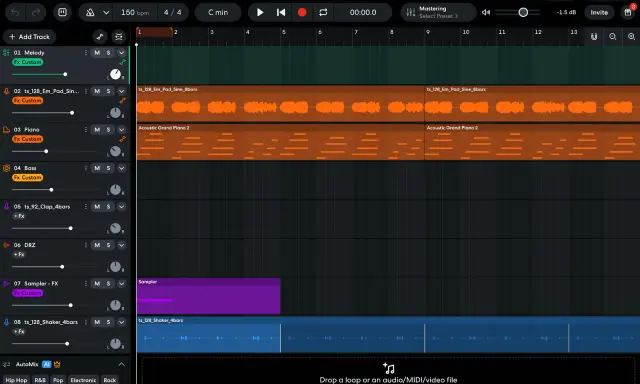 Interface de création musicale en ligne avec pistes audio et MIDI superposées, incluant des boucles de piano et de pad.