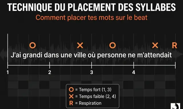 Apprendre à rapper : une illustration montre comment placer des syllabes sur un beat, avec des symboles pour les temps forts et faibles.