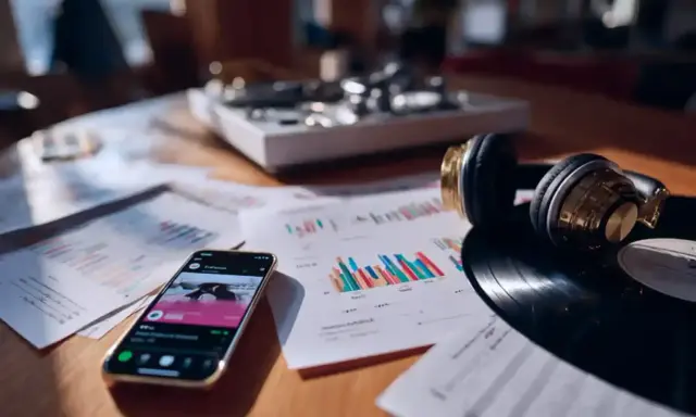 Un smartphone affiche une application musicale, des graphiques et des notes sont étalés sur une table avec un tourne-disque et des écouteurs. Cela évoque la question : c'est quoi les royalties pour les artistes ?