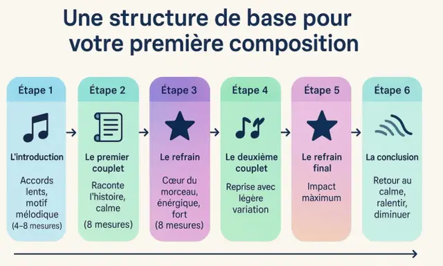 Schéma de la structure d'une musique : introduction, couplets, refrains, puis conclusion. Idéal pour une première composition.
