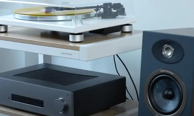 Platine vinyle, amplificateur et enceinte Focal. La connectique audio assure la liaison entre ces éléments pour une expérience sonore immersive.