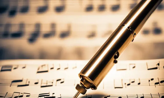 Un stylo doré sur des partitions, prêt à écrire de nouvelles ia paroles chanson.