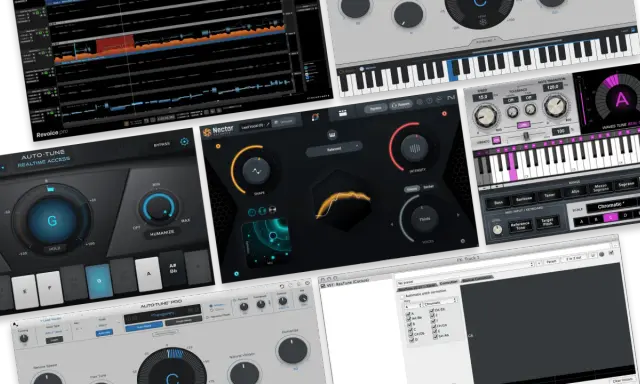 Interfaces de logiciels pour l'autotune fl studio gratuit, avec des claviers virtuels et des réglages de pitch.
