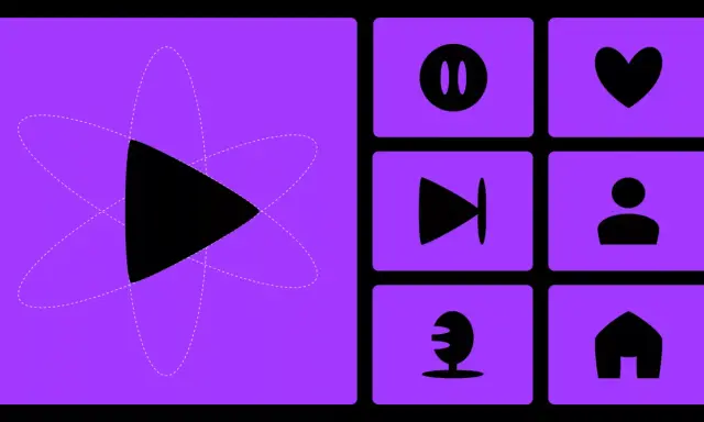 Ensemble d'icônes sur fond violet : un logo de lecture stylisé, pause, cœur, avance rapide, profil, micro et maison. Idées de design pour une application.