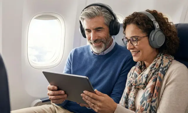 Couple souriant dans un avion, partageant une tablette et des écouteurs. Apprenez comment connecter deux appareils Bluetooth en même temps pour un voyage agréable.