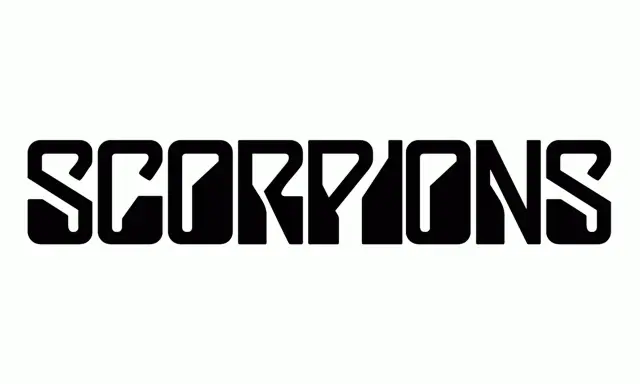 Logo noir du groupe SCORPIONS, avec des lettres stylisées et anguleuses sur fond blanc.