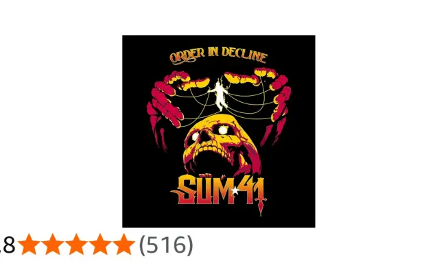 Pochette de l'album "Order in Decline" de Sum 41, avec un crâne jaune et rouge, des mains rouges et une silhouette humaine.