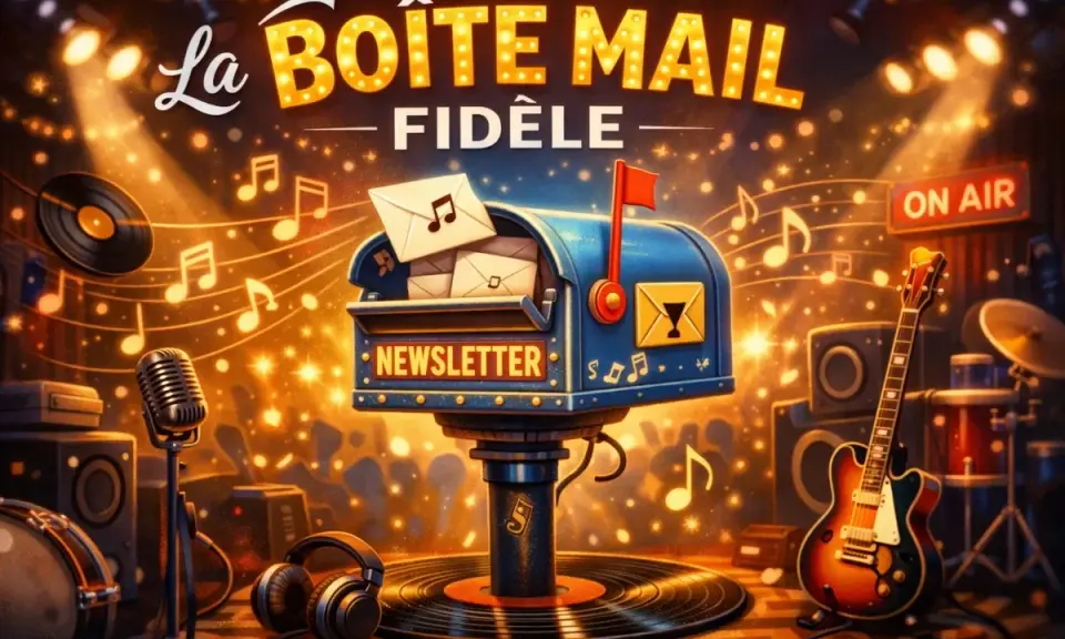 Boîte aux lettres "La Boîte Mail Fidèle" remplie de lettres, sur fond de scène musicale avec guitare, vinyles et notes de musique.