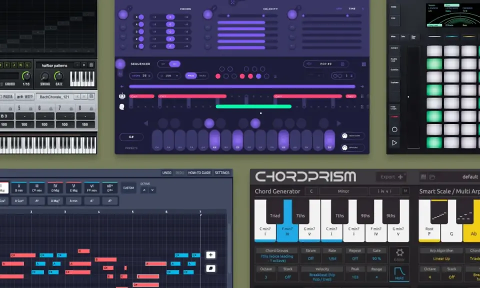 Un tableau de progression d'accord, montrant des séquences musicales et des options de génération d'accords, avec des claviers virtuels et des pads lumineux.
