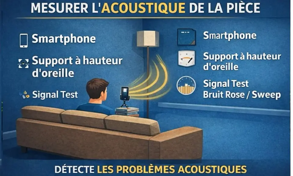 Mesure de l'acoustique d'une pièce avec un smartphone, un support et un test de signal. Optimisez votre expérience audio avec Dirac Audio.