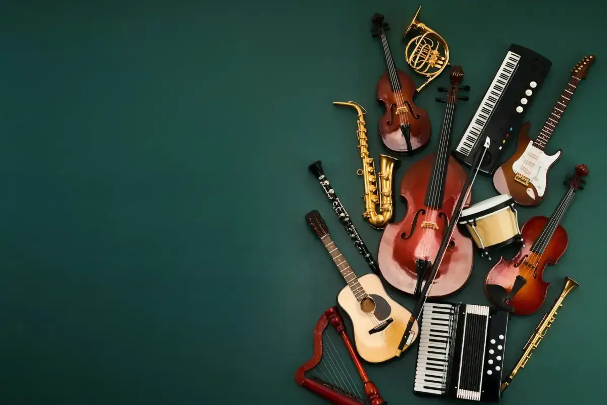 Collection d'instruments de musique : violon, guitare, saxophone, piano, harpe, clarinette, accordéon, violoncelle, cor français, bongo. Un instrument facile à apprendre adulte pour tous.