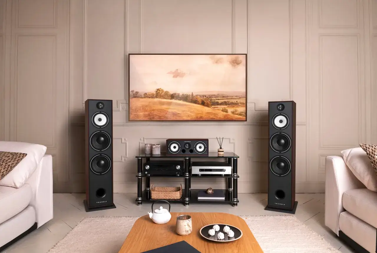 Ambiance feutrée pour créer une salle de cinéma chez soi : deux grandes enceintes, un écran, un meuble audio et des canapés confortables.