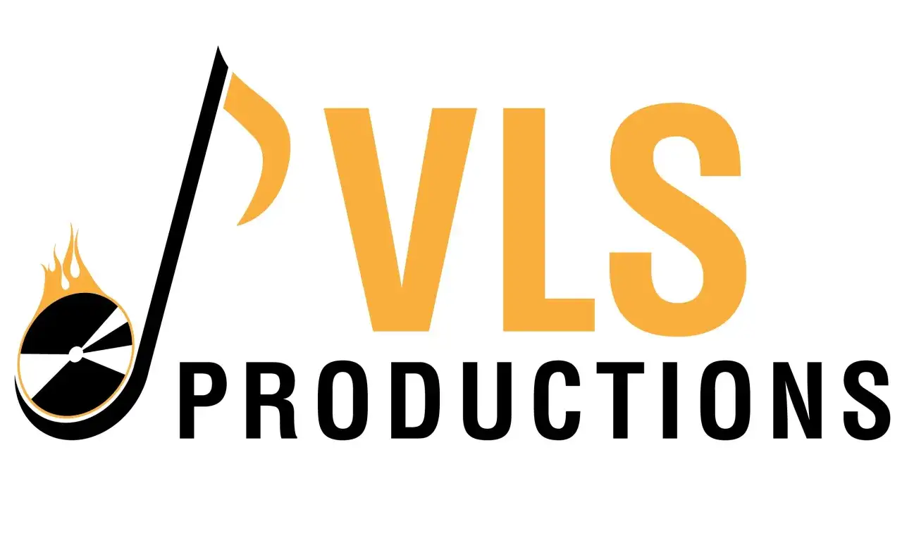 Logo de la maison de disques VLS Productions, avec un disque vinyle en feu et une note de musique.