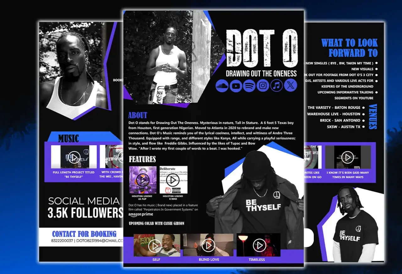 Press kit artiste : Dot O, rappeur de Houston, présente sa musique, ses collaborations et ses projets futurs.
