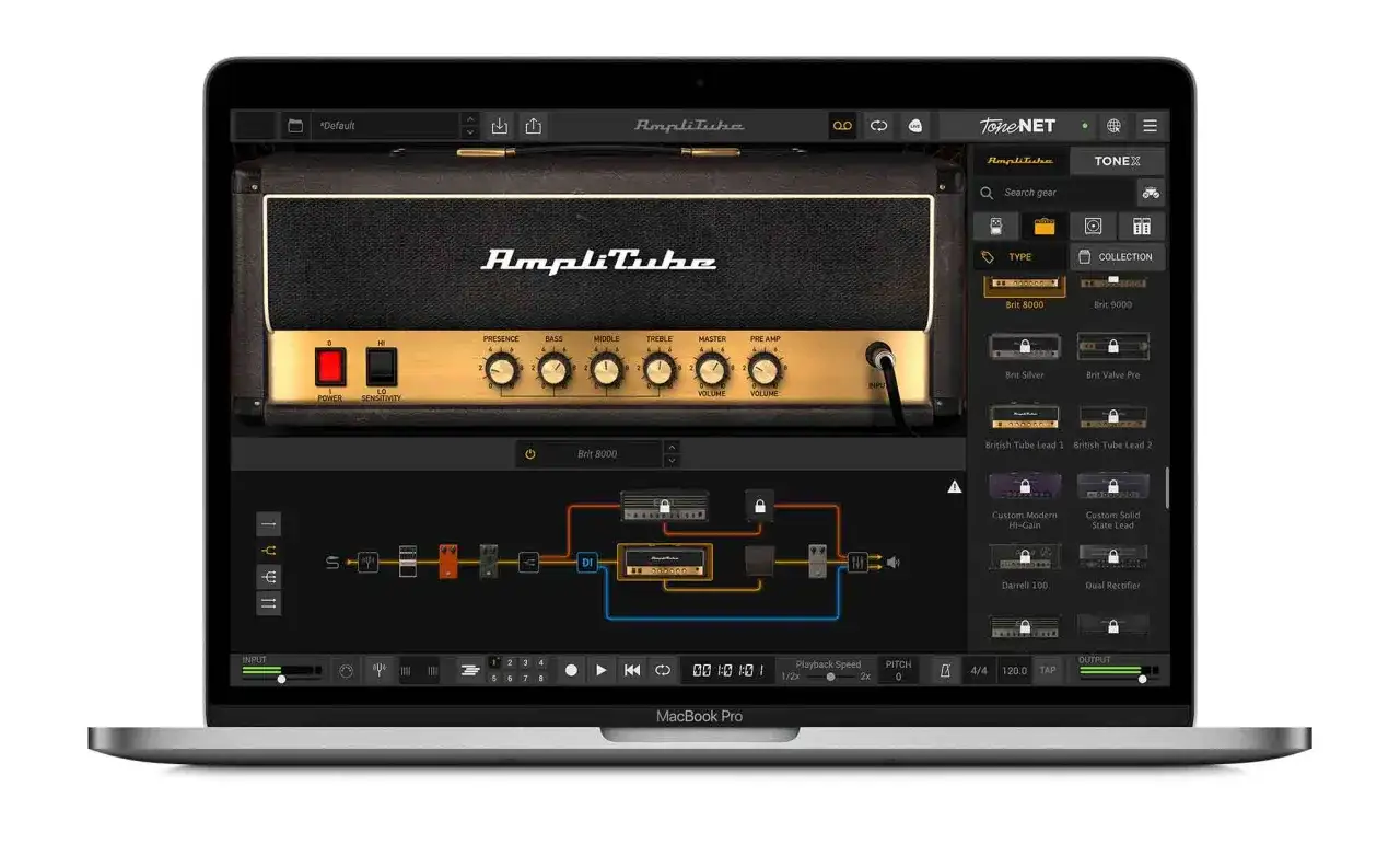 Logiciel de guitare AmpliTube sur MacBook Pro, offrant une simulation d'ampli et d'effets. Idéal pour trouver un vst guitare gratuit et explorer des sons.