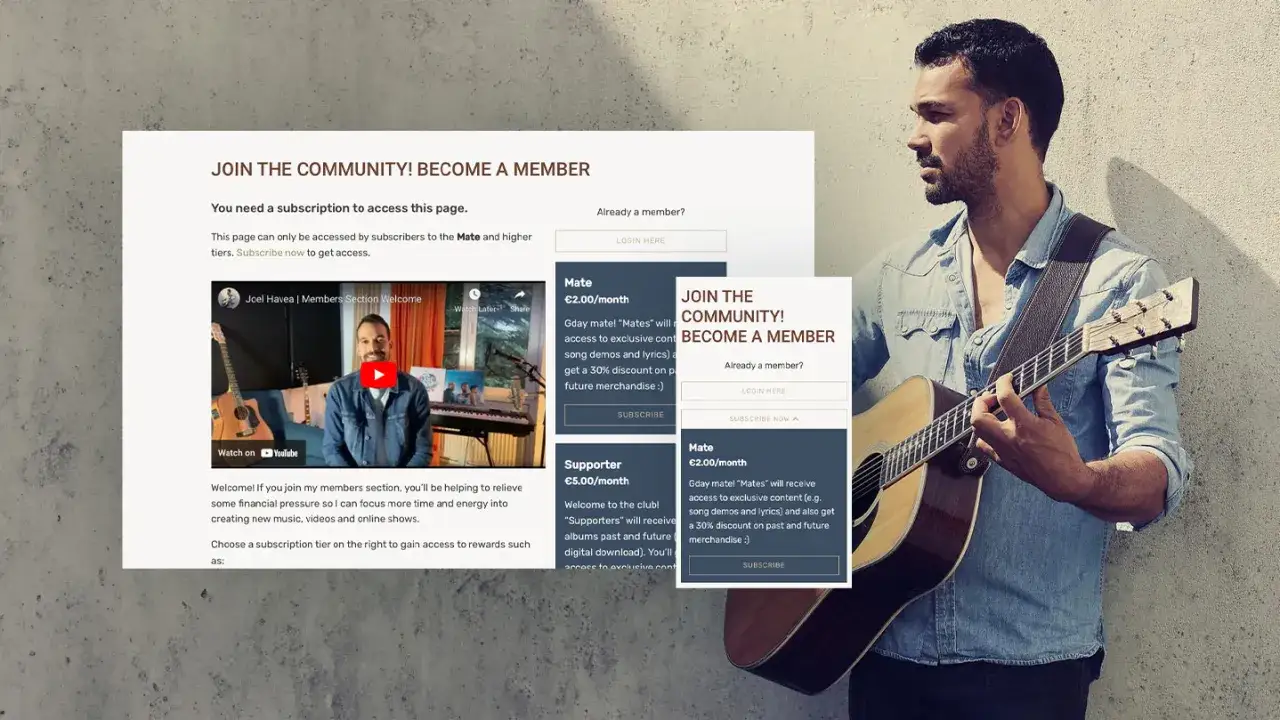Un musicien joue de la guitare, invitant à rejoindre sa communauté via un financement participatif musique. Des options d'abonnement sont proposées.