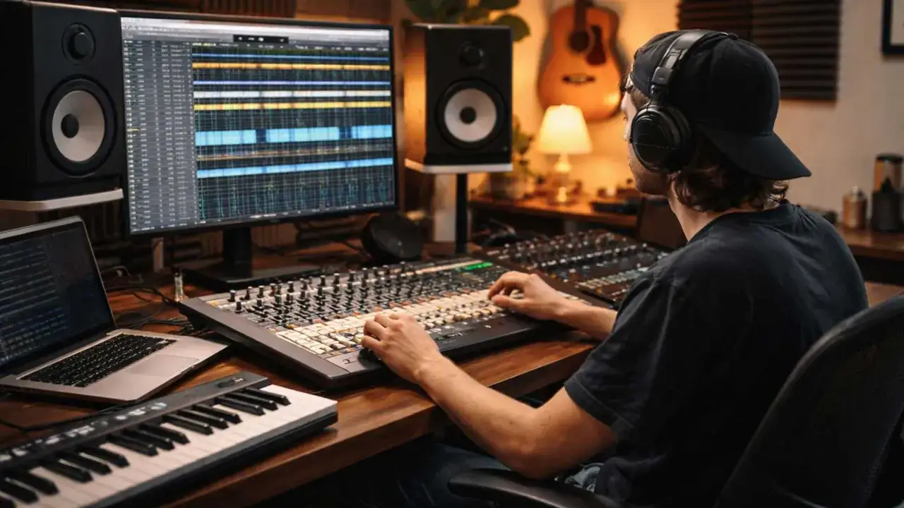 Un homme en casque travaille sur une console de mixage, devant un écran affichant une partition. Il apprend comment écrire une chanson, entouré de matériel de studio.