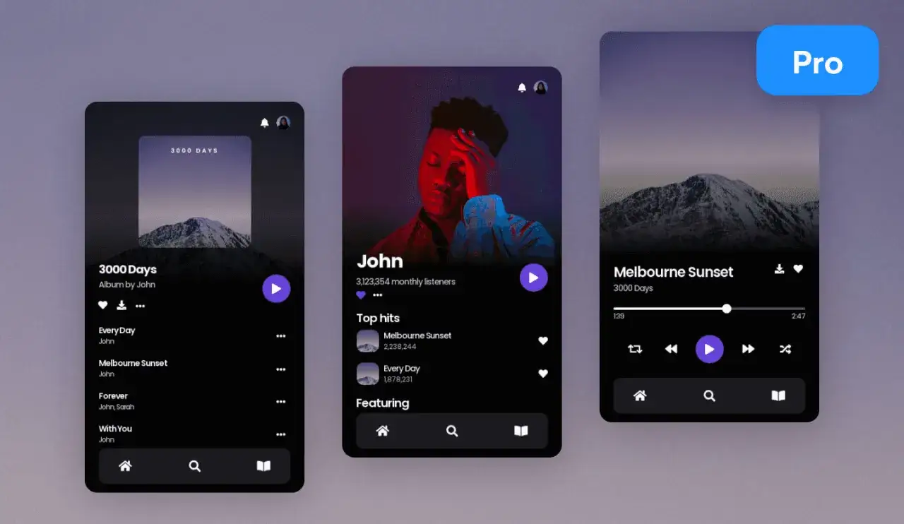 Interface d'une appli pour faire de la musique, affichant des albums, des artistes et des pistes.