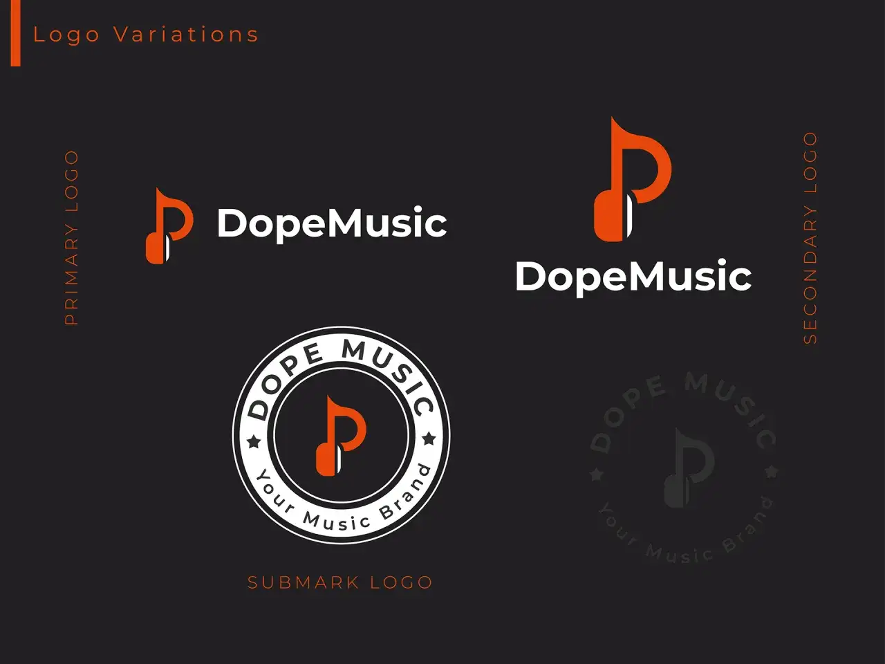 Variations de logo pour DopeMusic : logo principal, logo secondaire et sous-marque. Ces idées de logo musical sont stylées.