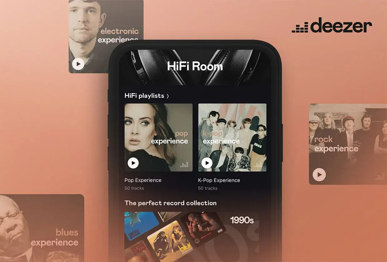 Deezer lossless : une interface mobile pour explorer des playlists pop, k-pop, rock et blues, avec une section