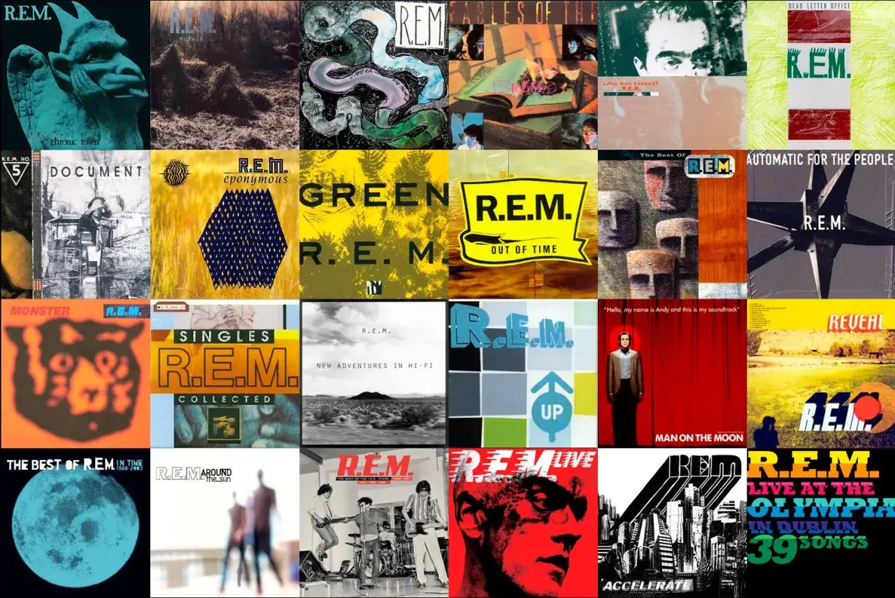 Collage de pochettes d'albums de R.E.M., incluant