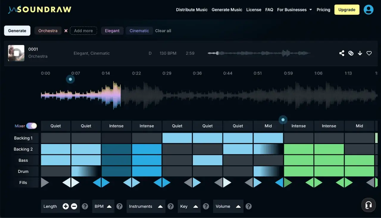 Interface d'un générateur de musique IA. L'utilisateur ajuste les pistes d'orchestre, de basse et de batterie pour créer une composition élégante et cinématique.