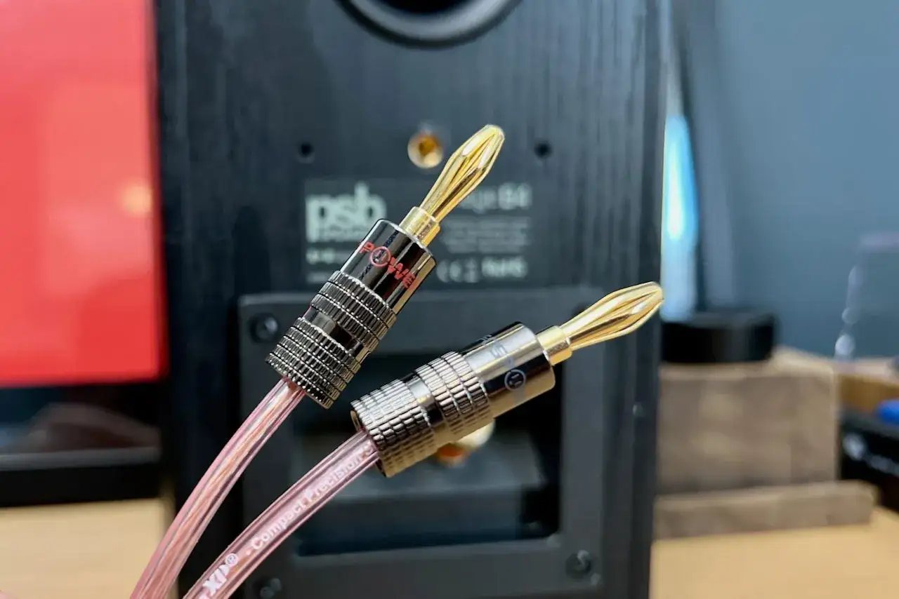 Deux fiches banane dorées, prêtes pour un montage, sur des câbles audio transparents. L'arrière d'une enceinte PSB est visible.