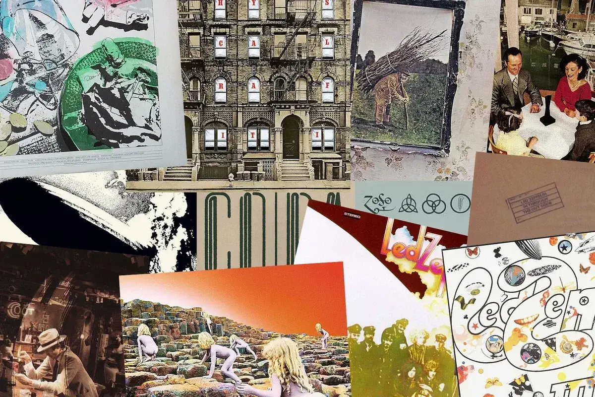 Collage d'albums de Led Zeppelin, dont la pochette iconique de