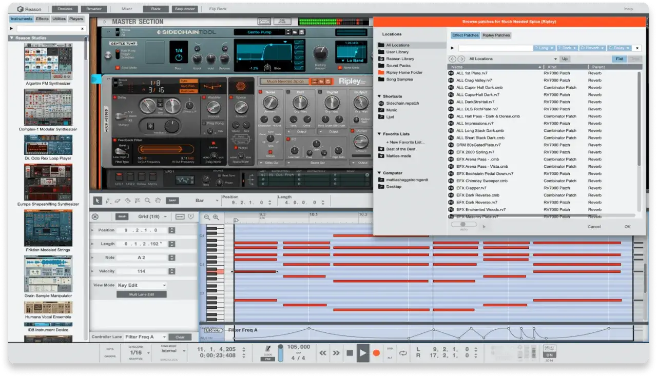 Interface Reason avec synthétiseurs, effets et séquenceur. Le meilleur daw pour créer de la musique.