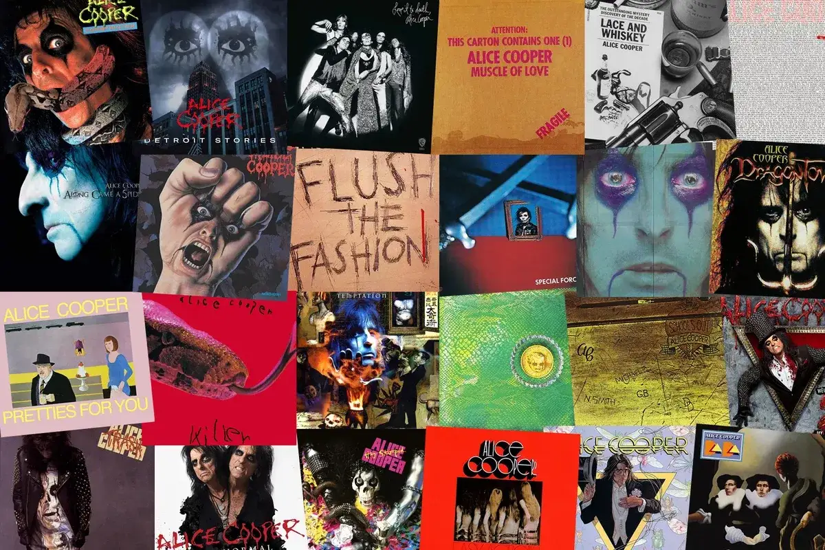 Collage d'albums d'Alice Cooper, montrant des pochettes iconiques comme