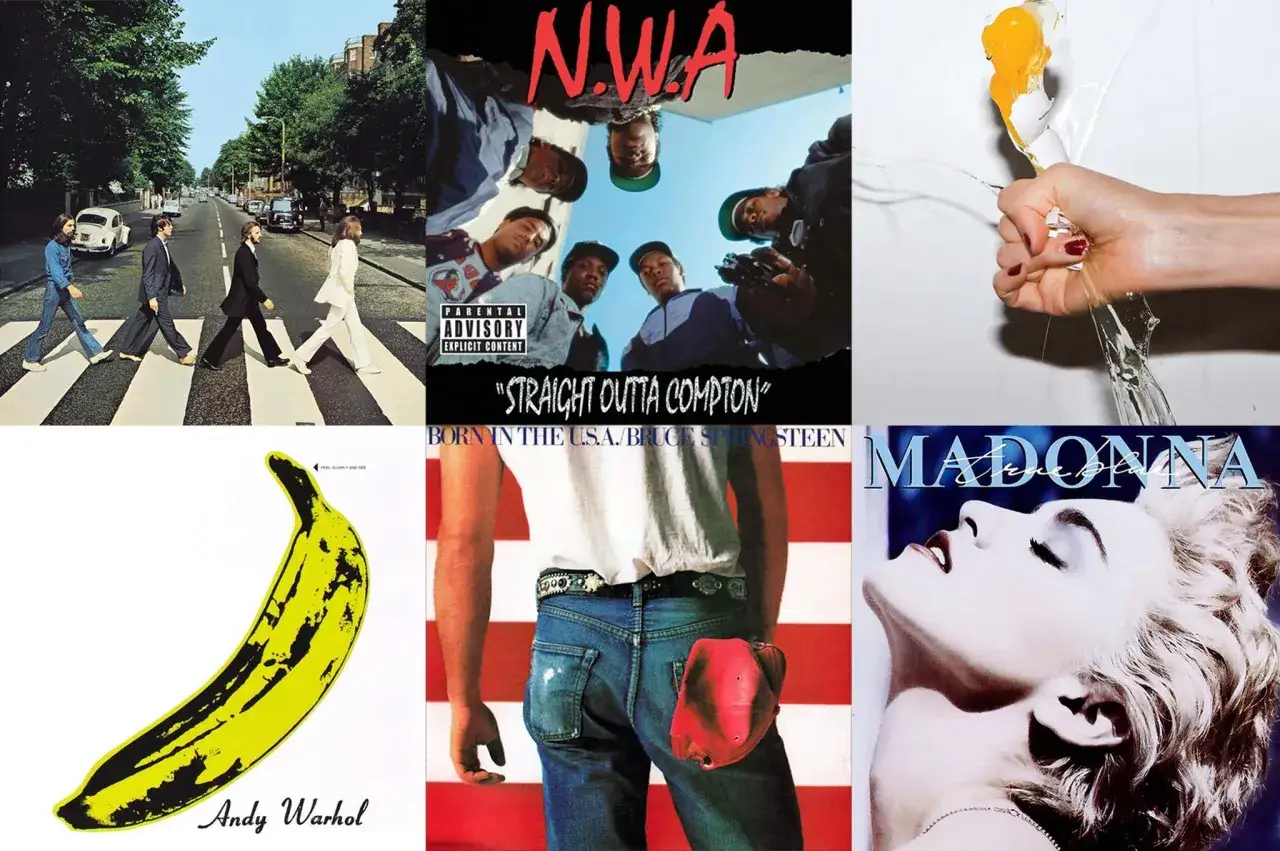 Six pochettes d'albums iconiques : Beatles, N.W.A., Bruce Springsteen, Andy Warhol, Madonna, et un œuf écrasé. Seuls les plus forts survivent.
