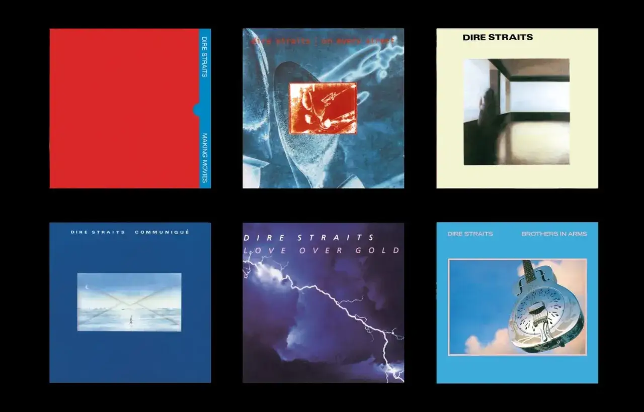 Six pochettes d'albums embl&eacute;matiques de la discographie de Dire Straits : Making Movies, On Every Street, Dire Straits, Communiqu&eacute;, Love Over Gold, et Brothers in Arms.