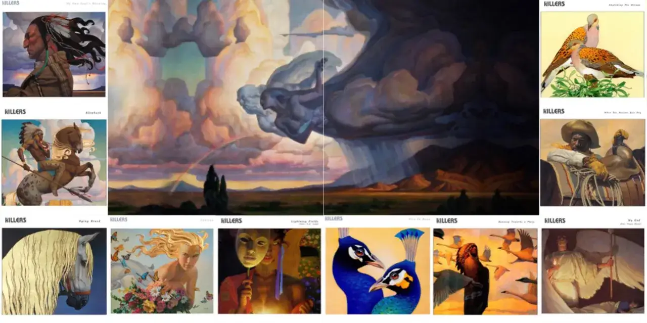 Aper&ccedil;u des albums de The Killers : portraits am&eacute;rindiens, chevaux, paons, anges et paysages dramatiques.