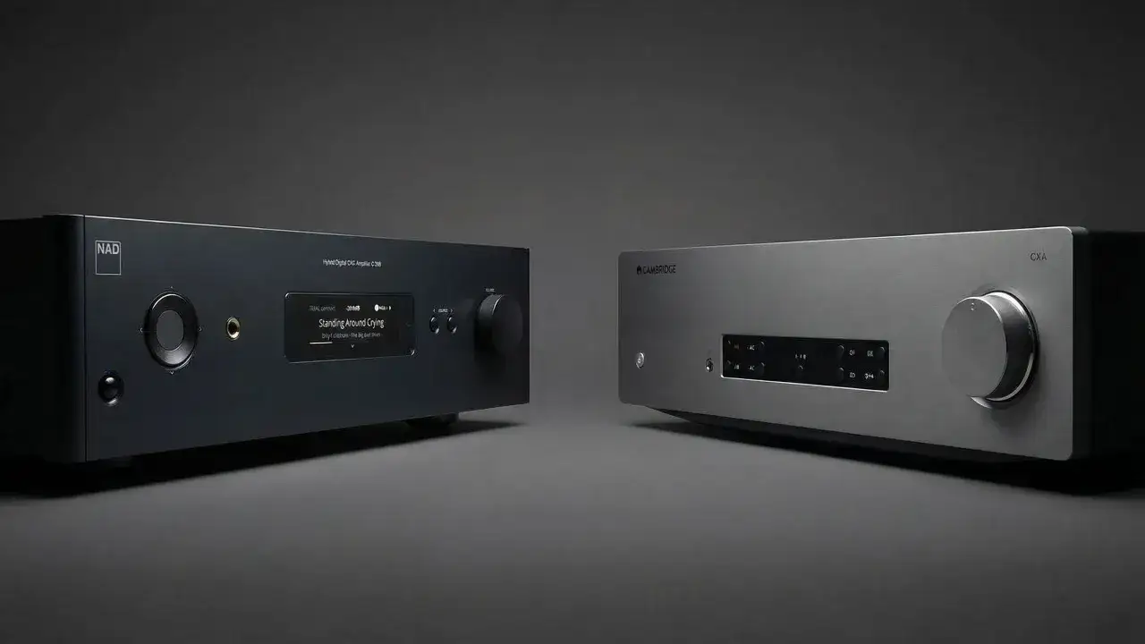 Deux amplificateurs, un NAD noir et un Cambridge CXA argenté, côte à côte. Avis sur l'ampli Cambridge CXA.
