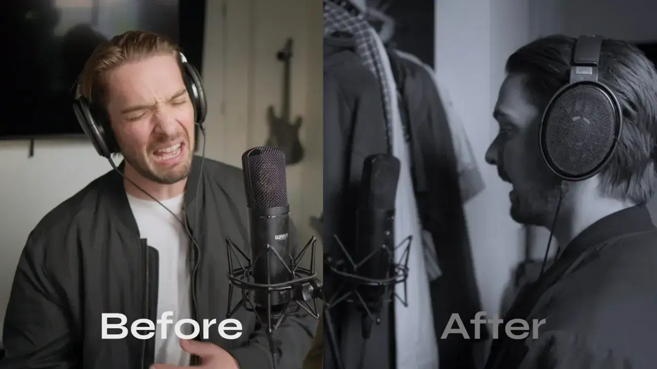 Comparaison avant/après : un chanteur avec un micro condensateur ou dynamique, casqué, exprime son art.