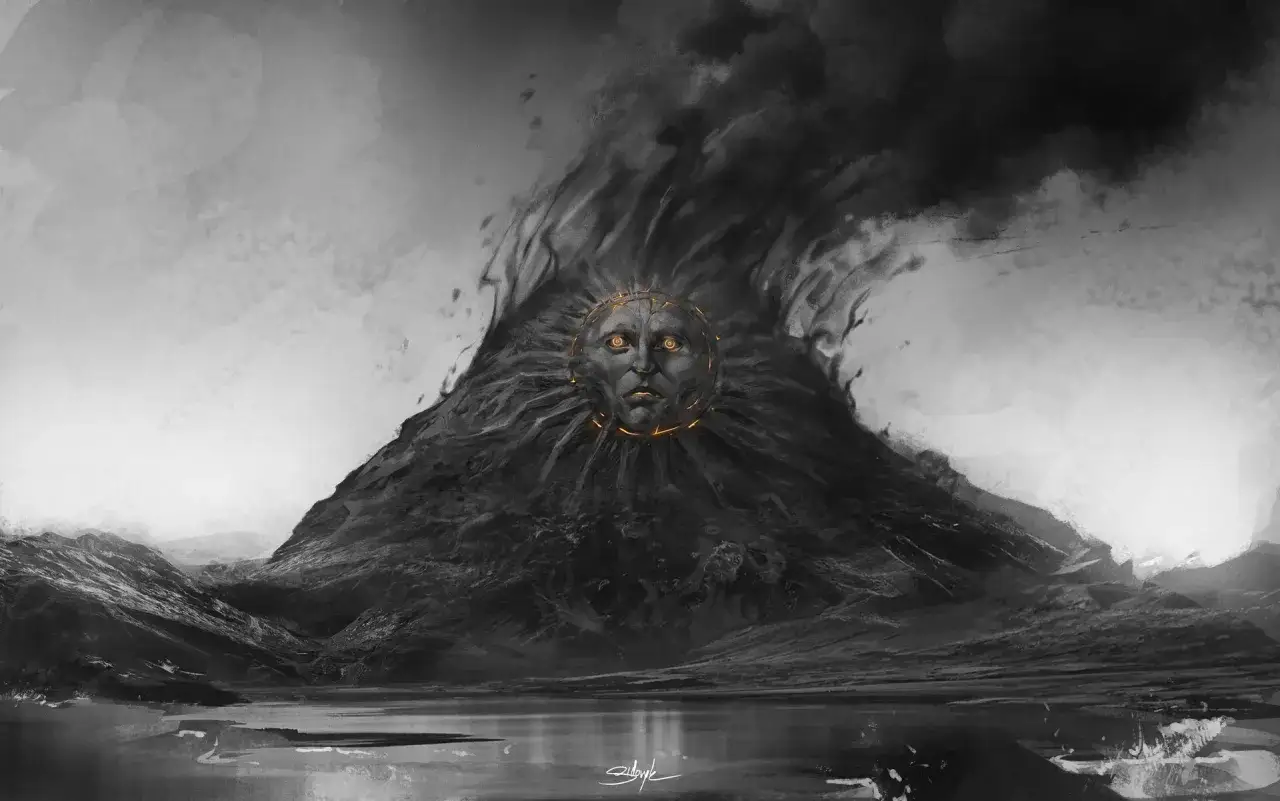 Un visage &eacute;merge d'un volcan en &eacute;ruption, ses yeux brillent comme du magma. Le paysage d&eacute;sol&eacute; &eacute;voque la puissance du magma Gojira.