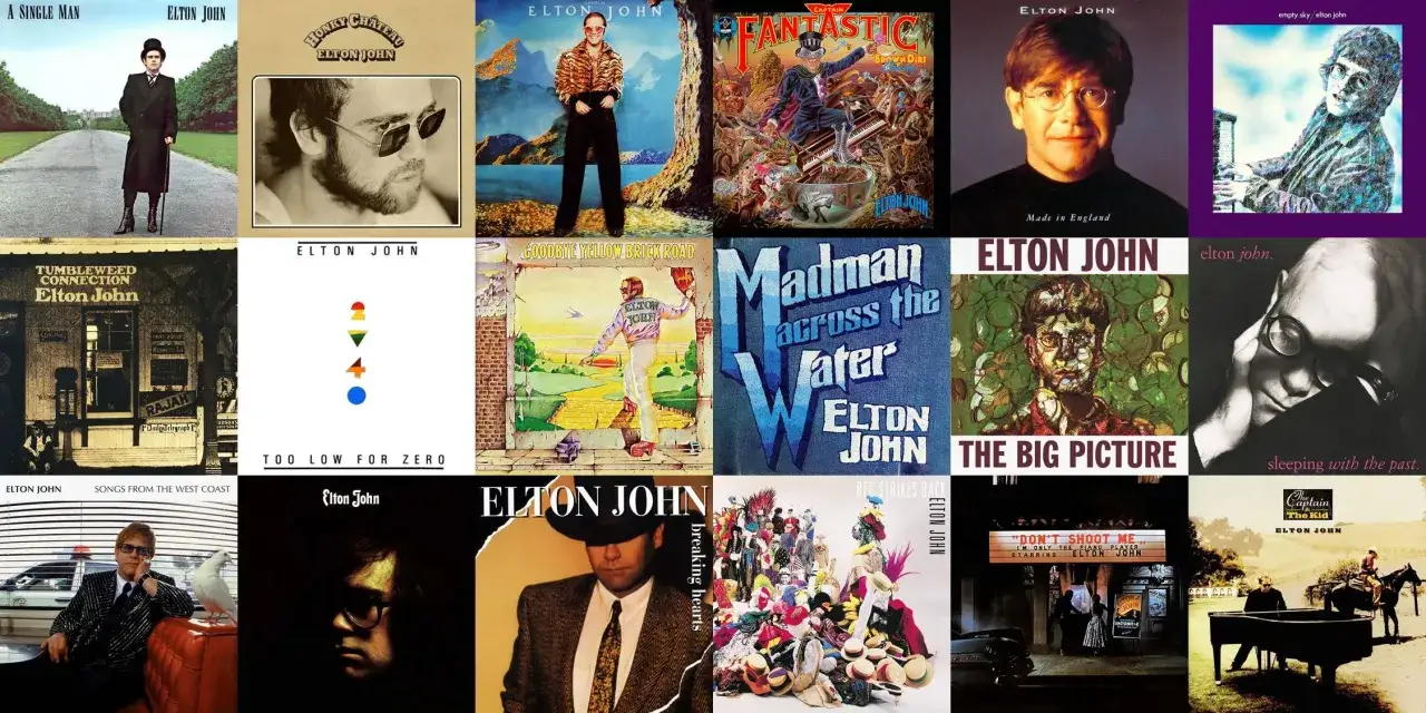 Collage d'albums d'Elton John, dont 
