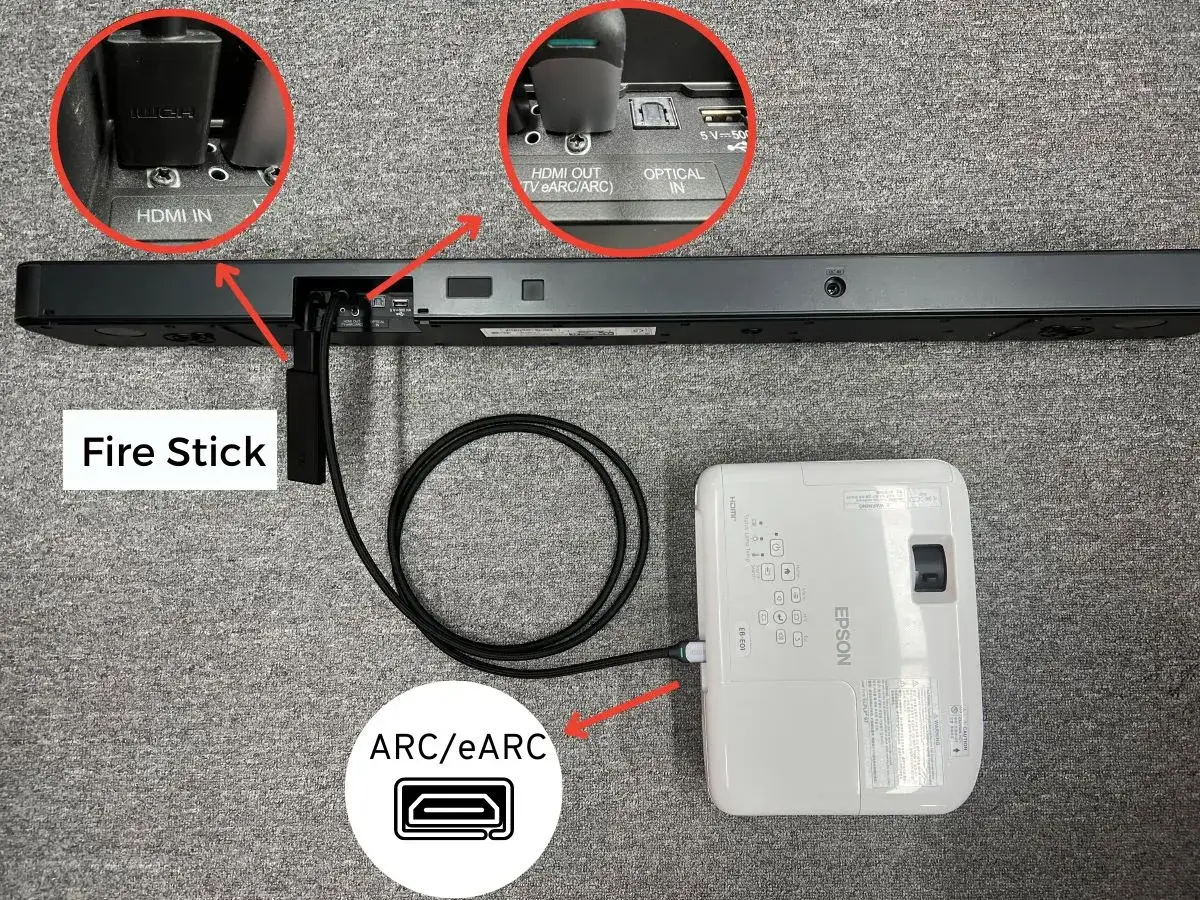 Connexion d'une enceinte Bluetooth à un vidéoprojecteur Epson via un Fire Stick et un câble HDMI ARC/eARC.