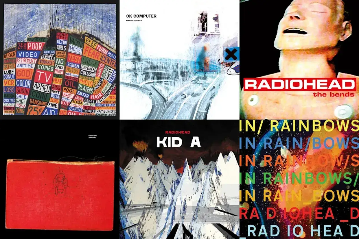 Six pochettes d'albums de Radiohead : Pablo Honey, OK Computer, The Bends, Kid A, In Rainbows et un album inconnu.