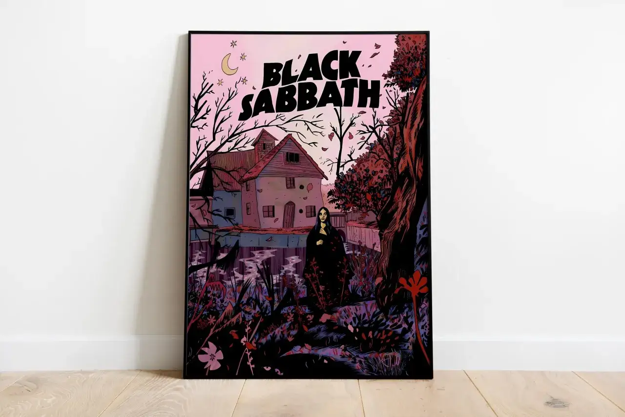 Illustration d'un album Black Sabbath : une maison hantée au crépuscule, avec une femme en noir au premier plan.
