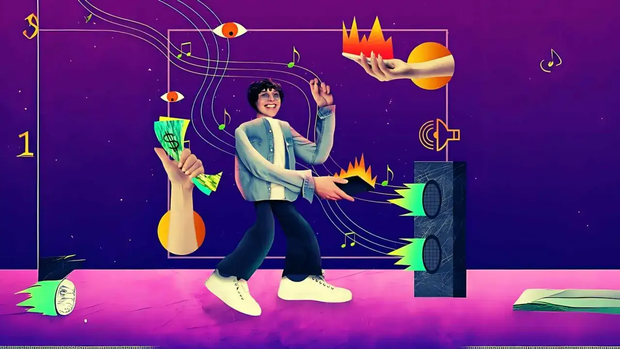 Un jeune homme danse au milieu de notes de musique et de symboles mon&eacute;taires, &eacute;voquant le monde du nft musique.