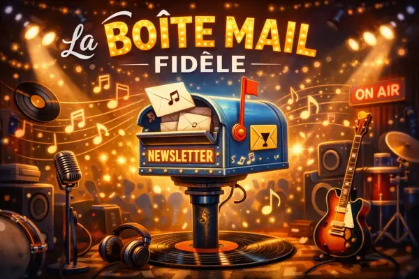 Boîte aux lettres "La Boîte Mail Fidèle" remplie de lettres, sur fond de scène musicale avec guitare, vinyles et notes de musique.