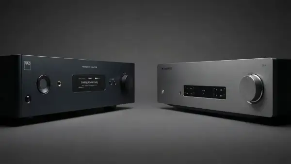 Deux amplis hi-fi, un NAD noir et un Cambridge CXA argenté, côte à côte. Avis sur ampli Cambridge CXA.