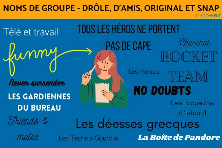 Illustration avec des noms de groupe amusants et originaux comme "funny", "TEAM", "NO DOUBTS". Un nom de groupe pour des amies.